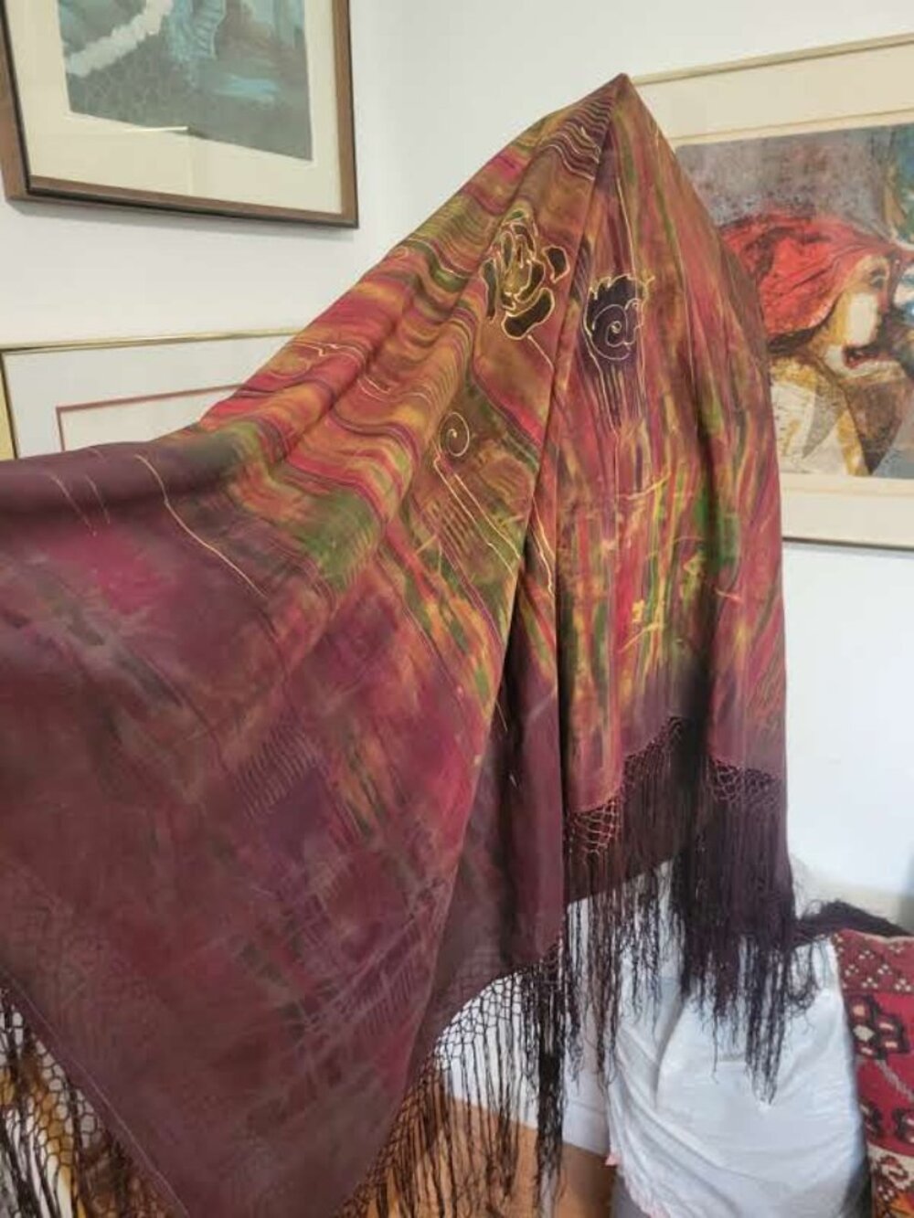Vintage Multicolor Fringe Silk Shawl in Burgundy, Green, Gold